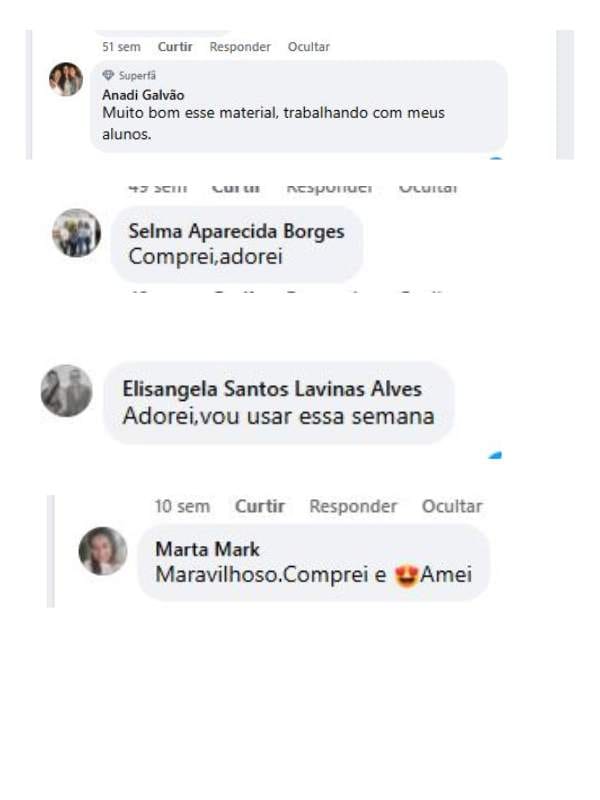 Comentários de professoras: "Muito bom esse material, trabalhando com meus alunos", "Comprei, adorei", "Adorei, vou usar essa semana" e "Maravilhoso. Comprei e amei"
